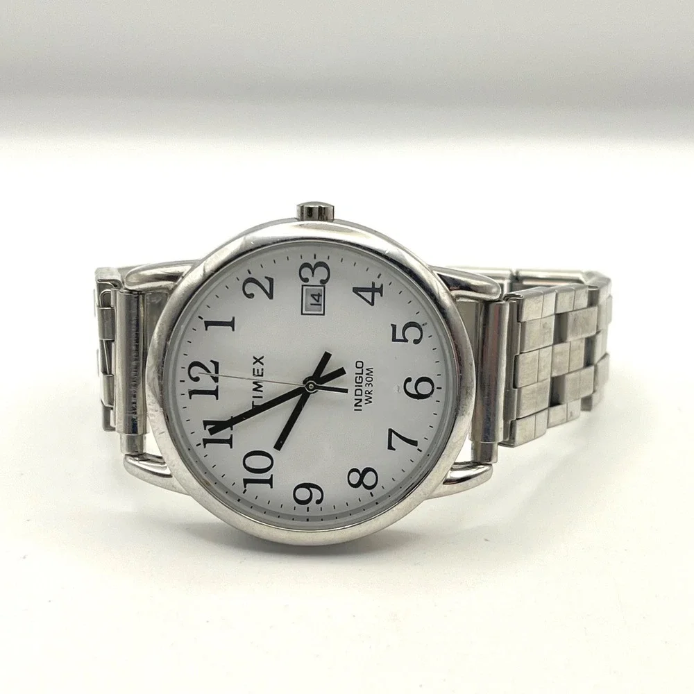 Timex Indiglo WR 30M Silver Tone White Dial Date Watch TW2U84900 Mens 35mm